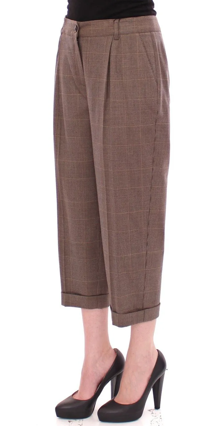Brown Virgin Wool Checkered Cropped Pants