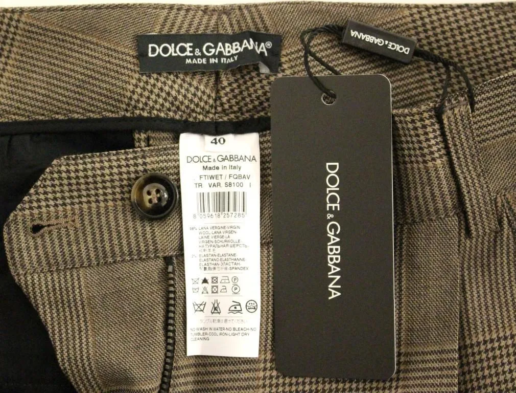 Brown Virgin Wool Checkered Cropped Pants
