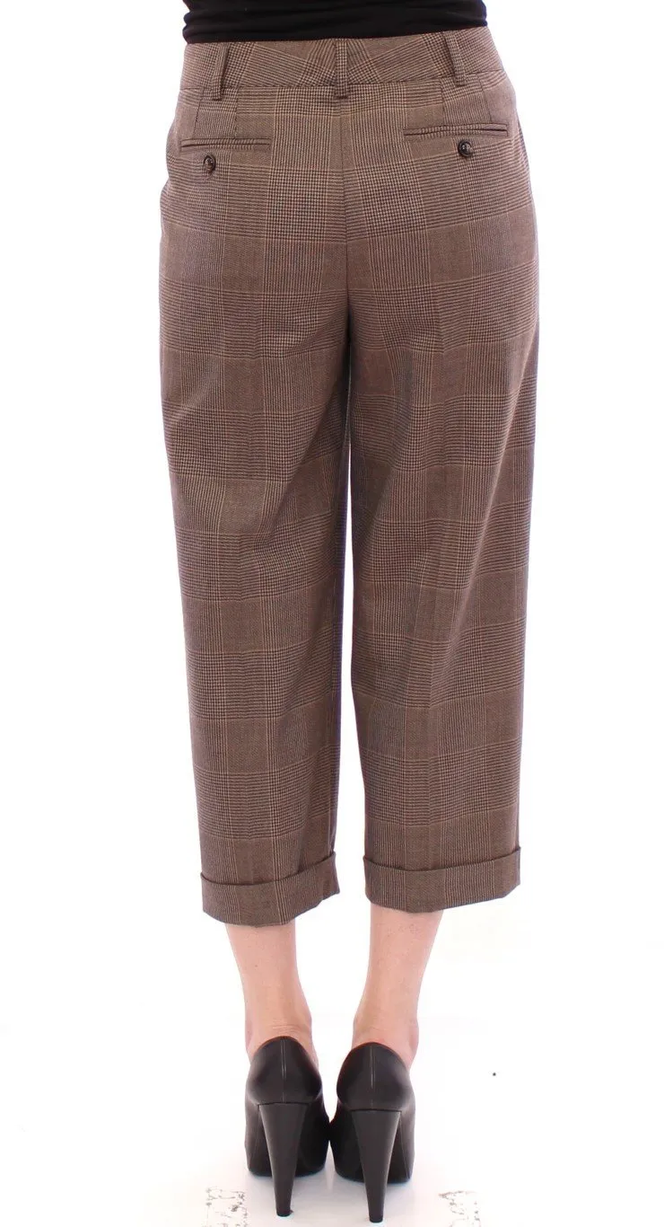 Brown Virgin Wool Checkered Cropped Pants