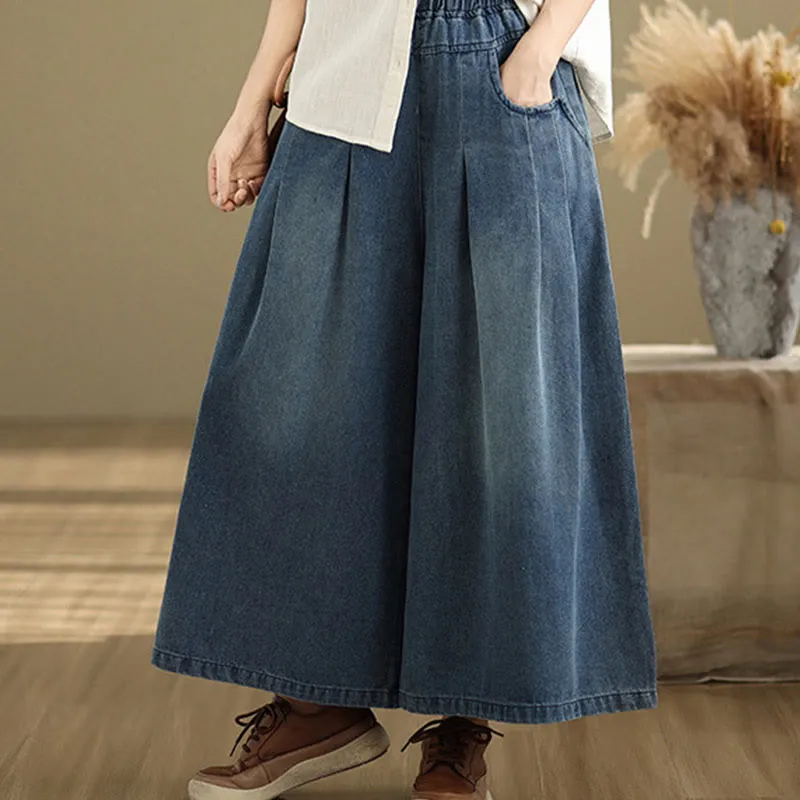 Buddha Stones Fall Vintage Distressed Design High Waist Women's Wide Leg Pants With Pockets