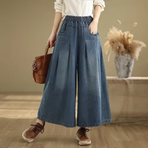Buddha Stones Fall Vintage Distressed Design High Waist Women's Wide Leg Pants With Pockets