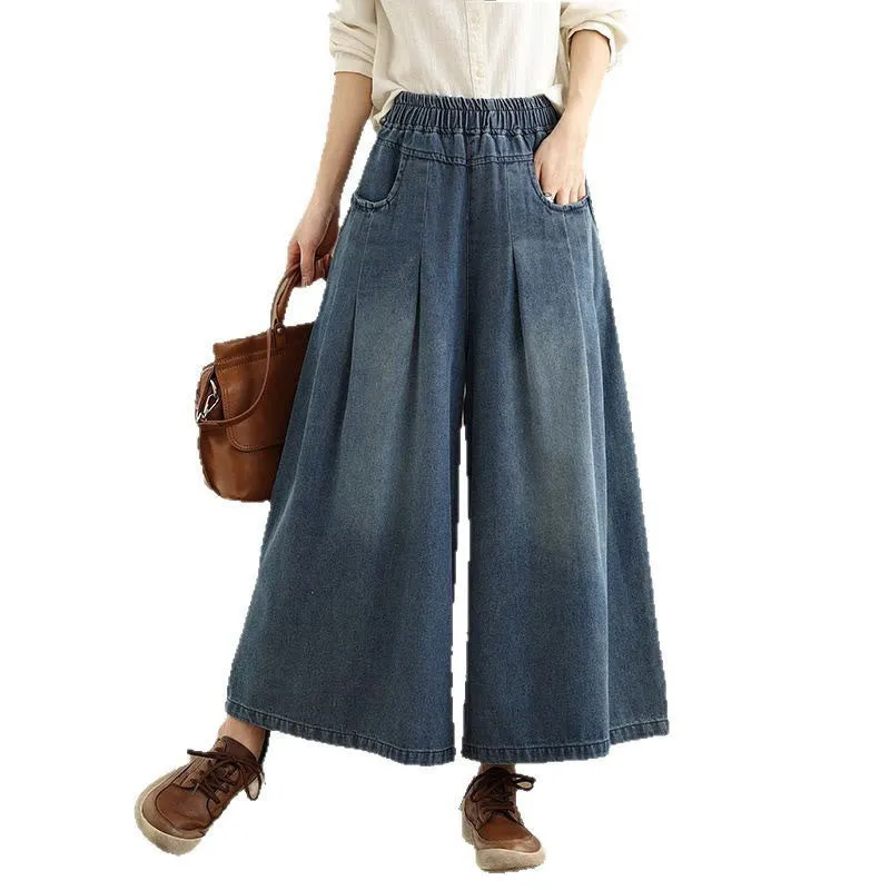 Buddha Stones Fall Vintage Distressed Design High Waist Women's Wide Leg Pants With Pockets