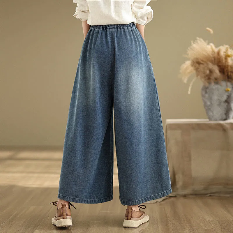 Buddha Stones Fall Vintage Distressed Design High Waist Women's Wide Leg Pants With Pockets