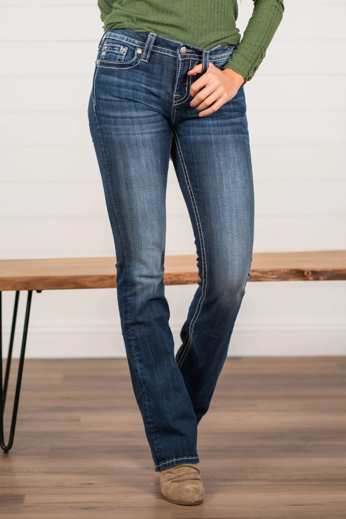 Buffalo Plaid Filled Pocket Chloe Mid Rise Boot Cut