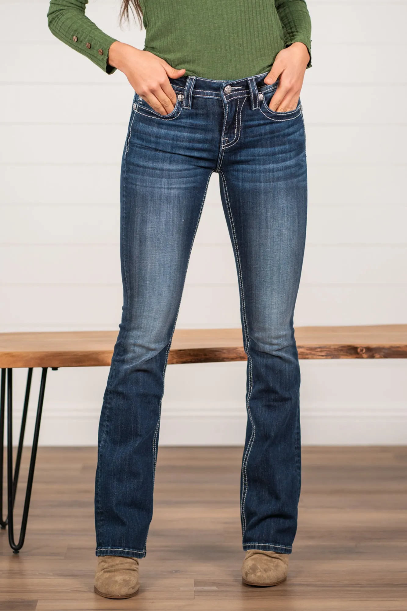 Buffalo Plaid Filled Pocket Chloe Mid Rise Boot Cut