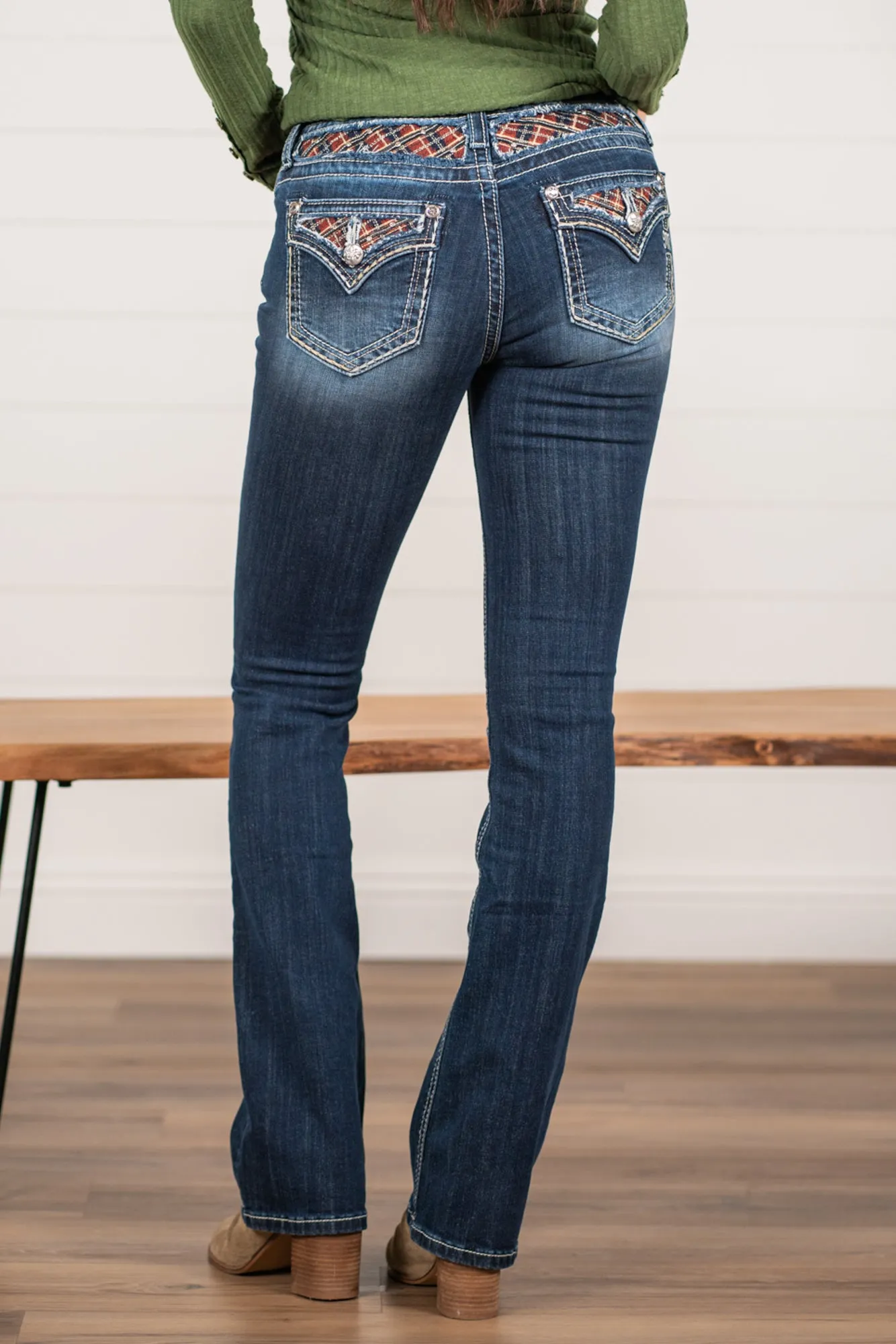 Buffalo Plaid Filled Pocket Chloe Mid Rise Boot Cut