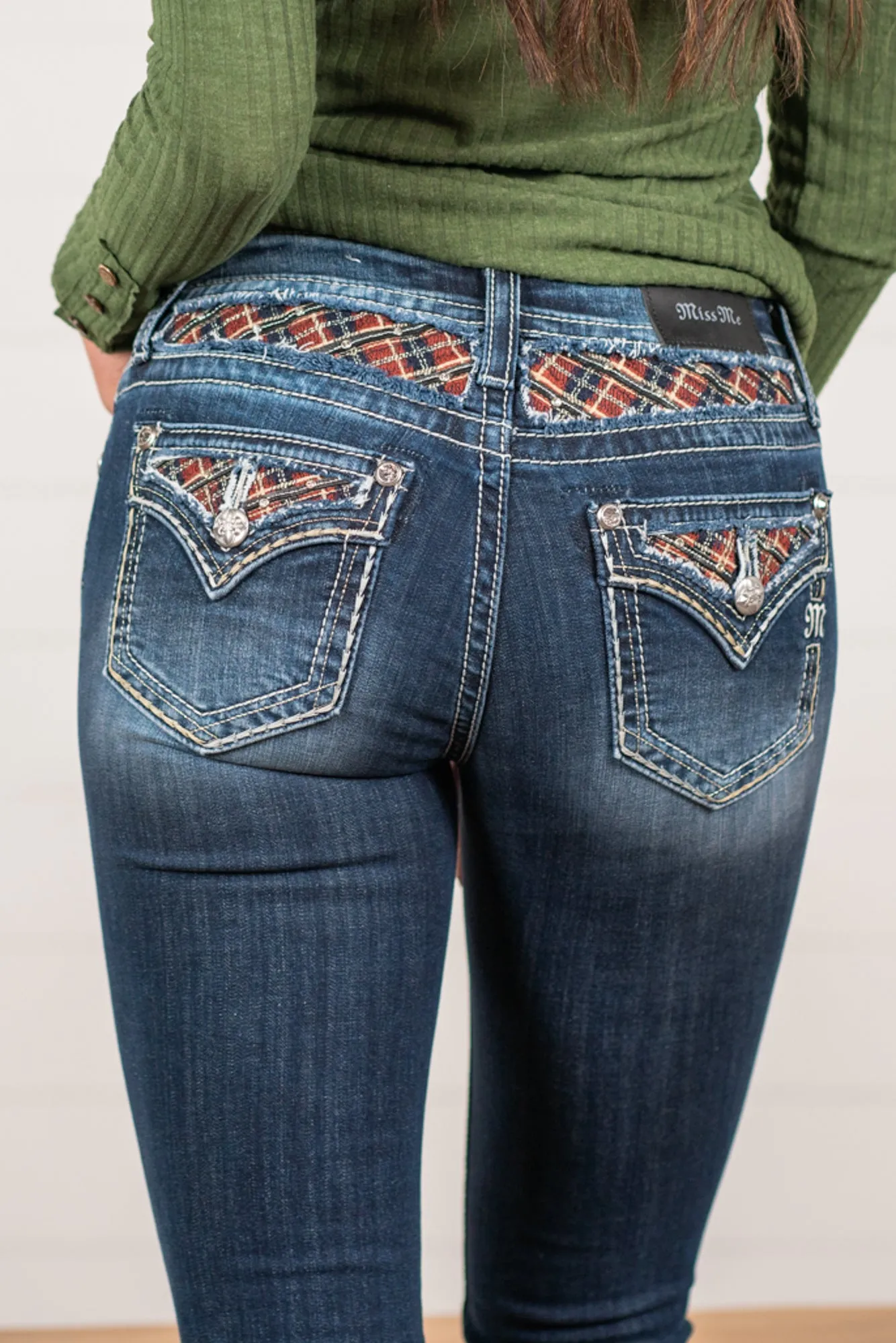 Buffalo Plaid Filled Pocket Chloe Mid Rise Boot Cut