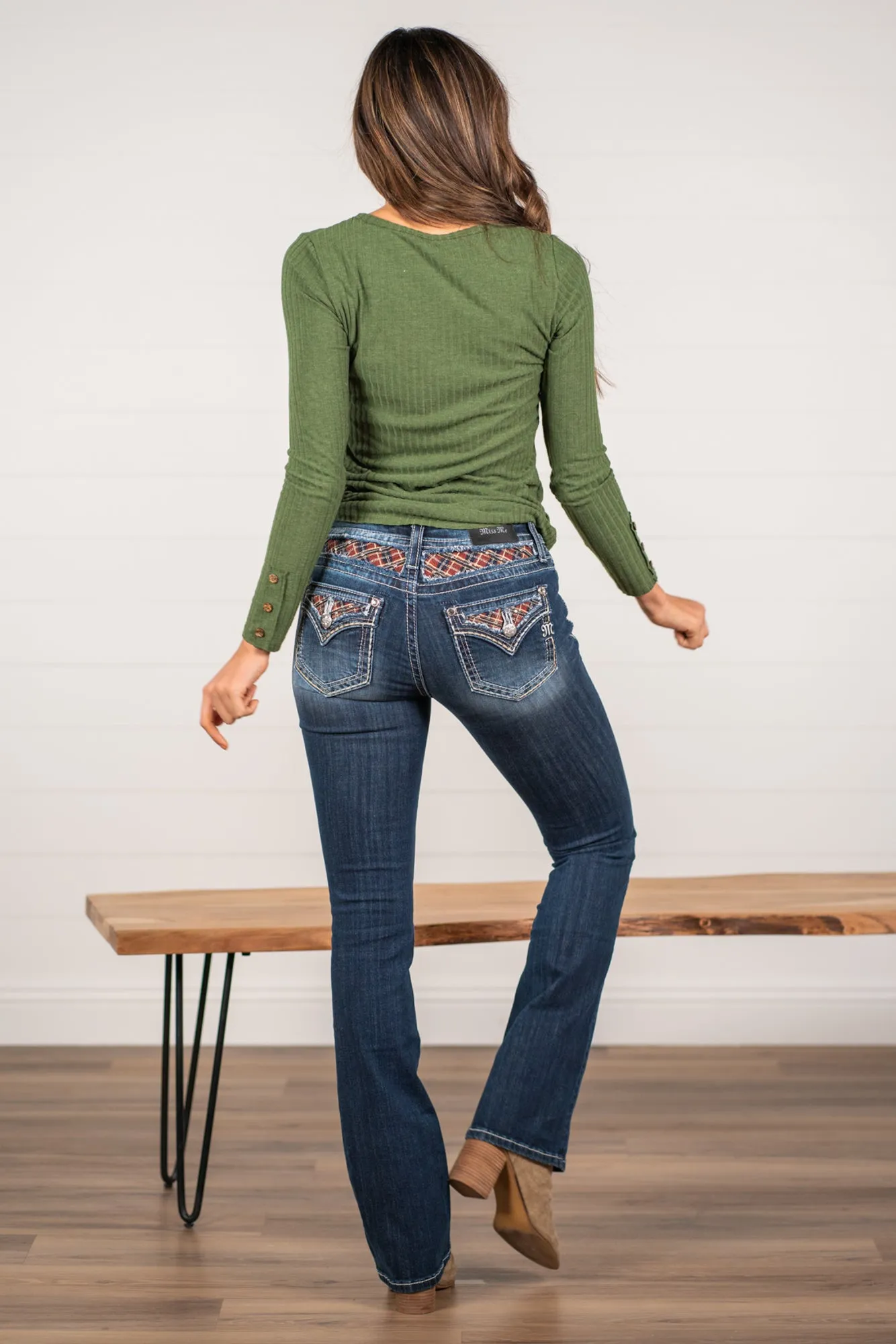 Buffalo Plaid Filled Pocket Chloe Mid Rise Boot Cut