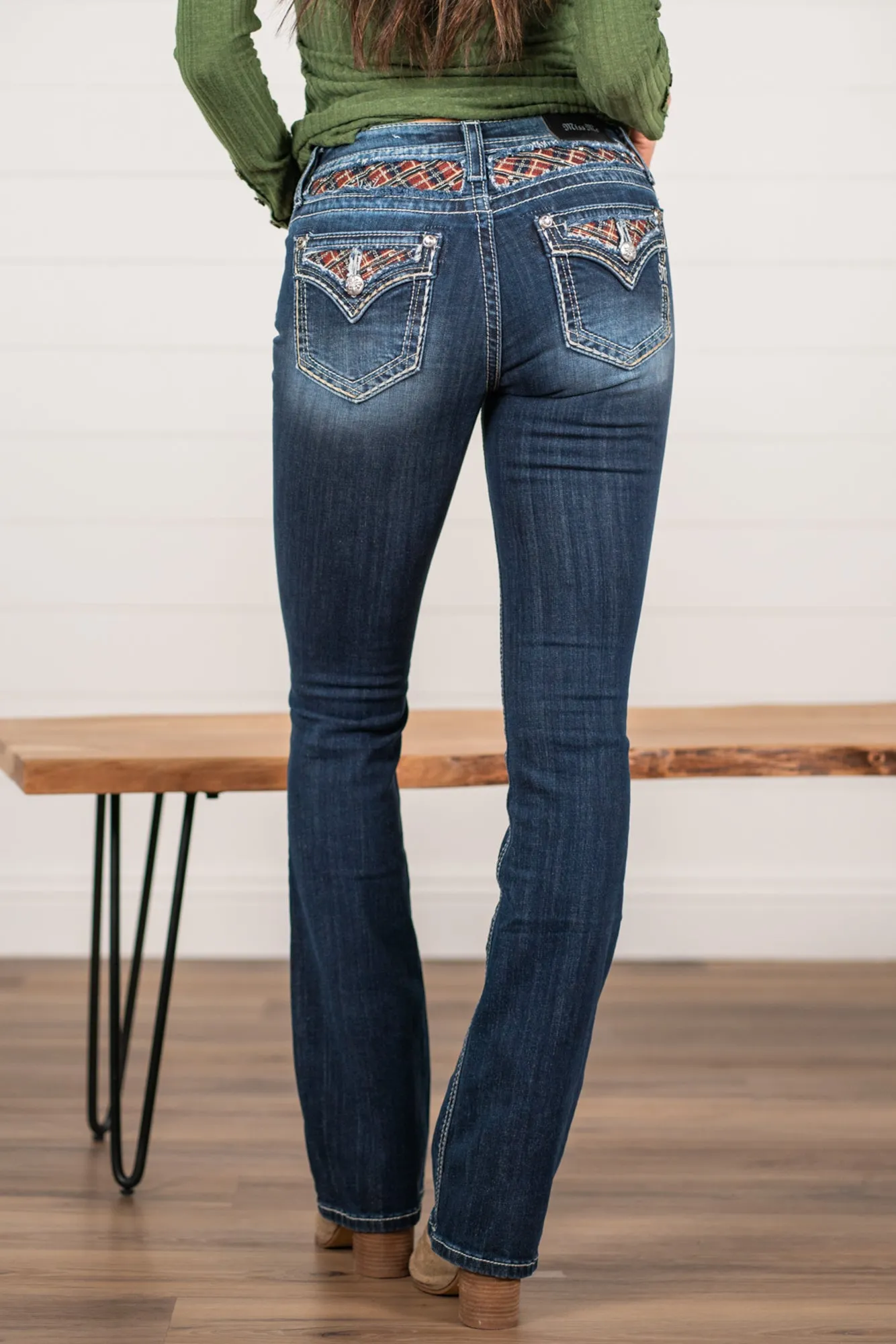 Buffalo Plaid Filled Pocket Chloe Mid Rise Boot Cut
