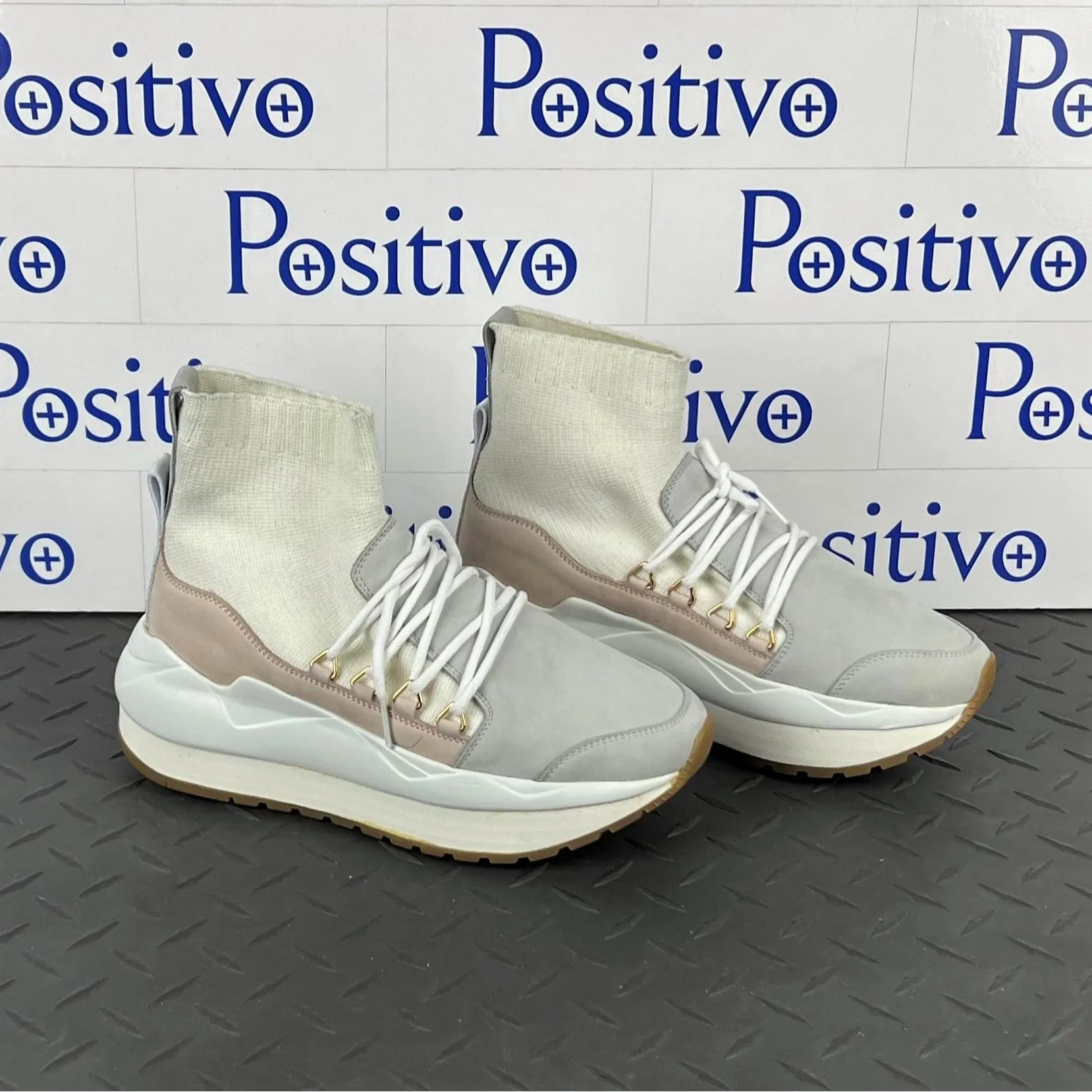 Buscemi Women Run1 Sock Wedge Grey/White Leather Sneakers Sample
