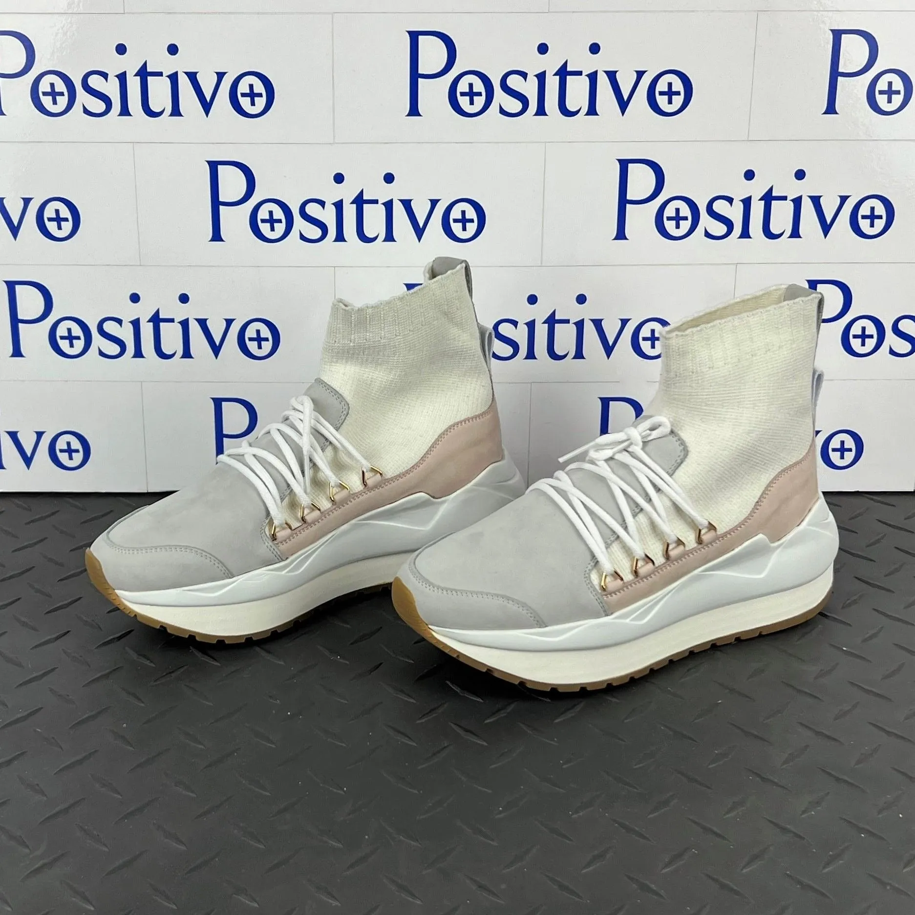 Buscemi Women Run1 Sock Wedge Grey/White Leather Sneakers Sample