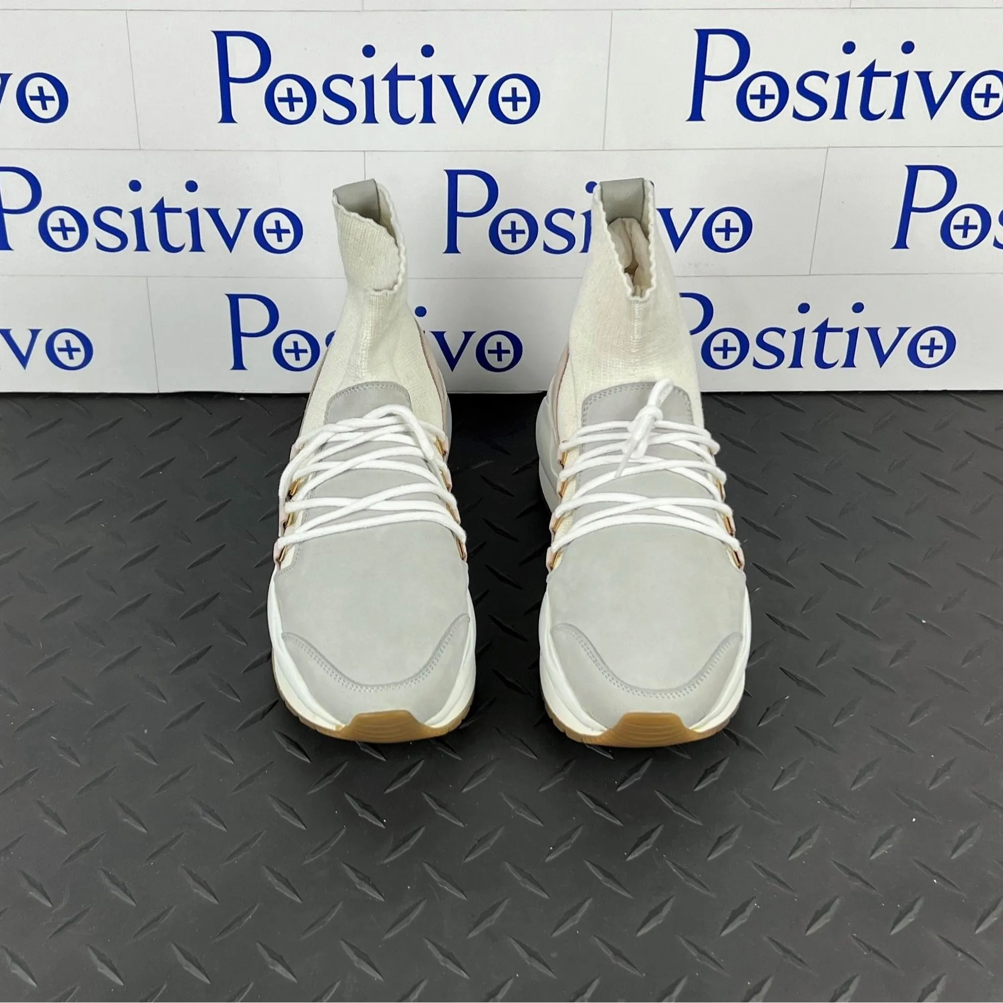 Buscemi Women Run1 Sock Wedge Grey/White Leather Sneakers Sample