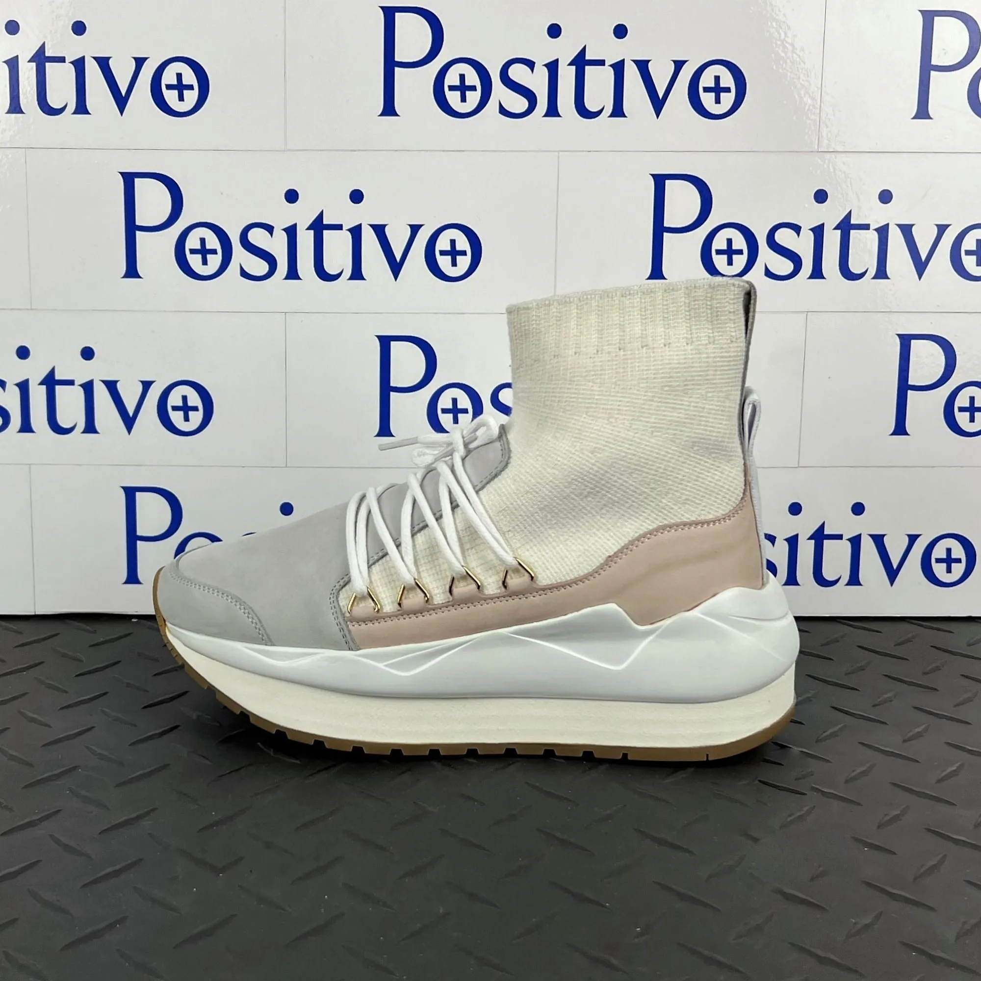 Buscemi Women Run1 Sock Wedge Grey/White Leather Sneakers Sample