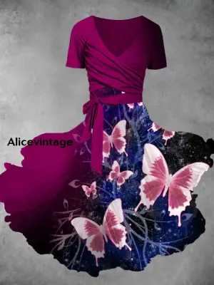 Butterfly Print V-Neck Short Sleeve Vintage Two-Piece Midi Dress