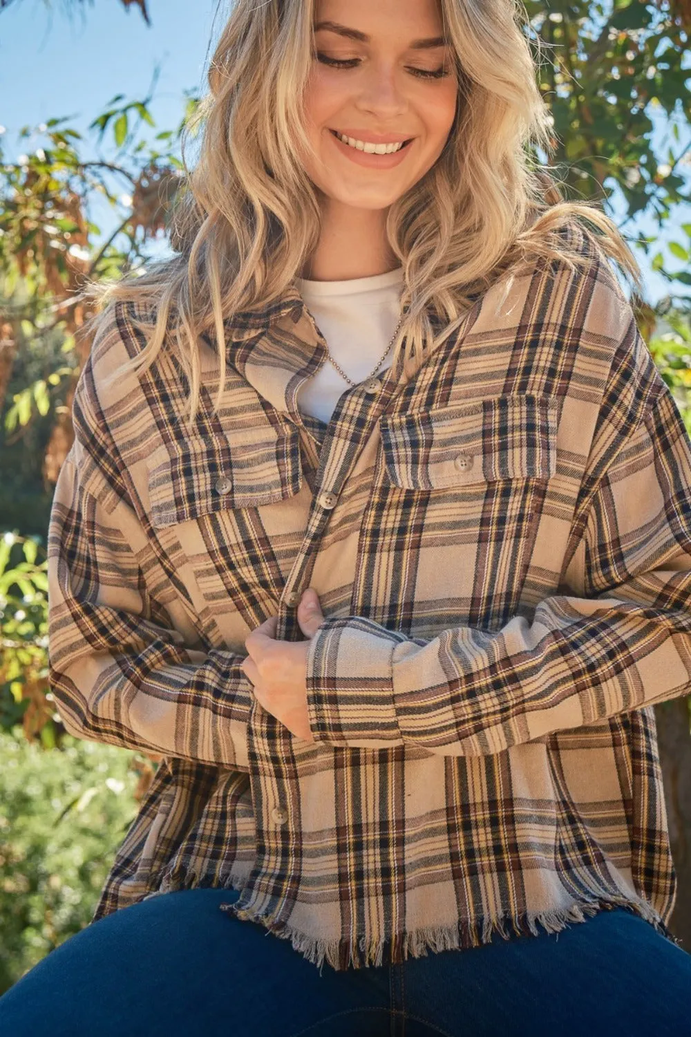 Button Up Raw Hem Plaid Shirt Taupe Small to 3XL
