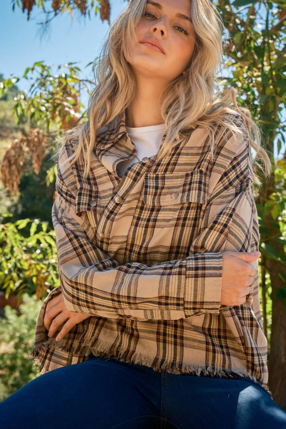 Button Up Raw Hem Plaid Shirt Taupe Small to 3XL