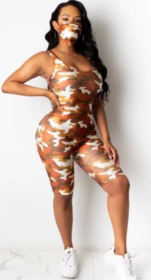 Camo Cute Nylon Romper with Matching Mask‼️ Multiple Colors Available!