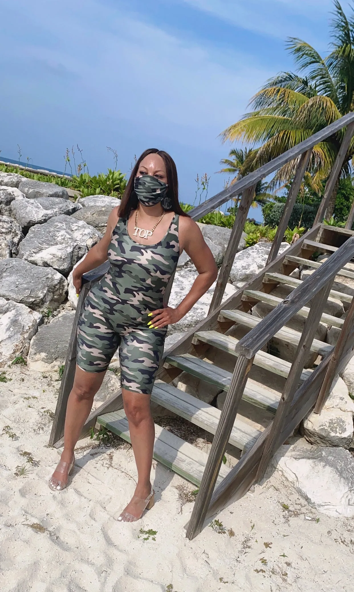 Camo Cute Nylon Romper with Matching Mask‼️ Multiple Colors Available!