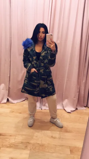 Camo Removable Blue Faux Fur Jacket