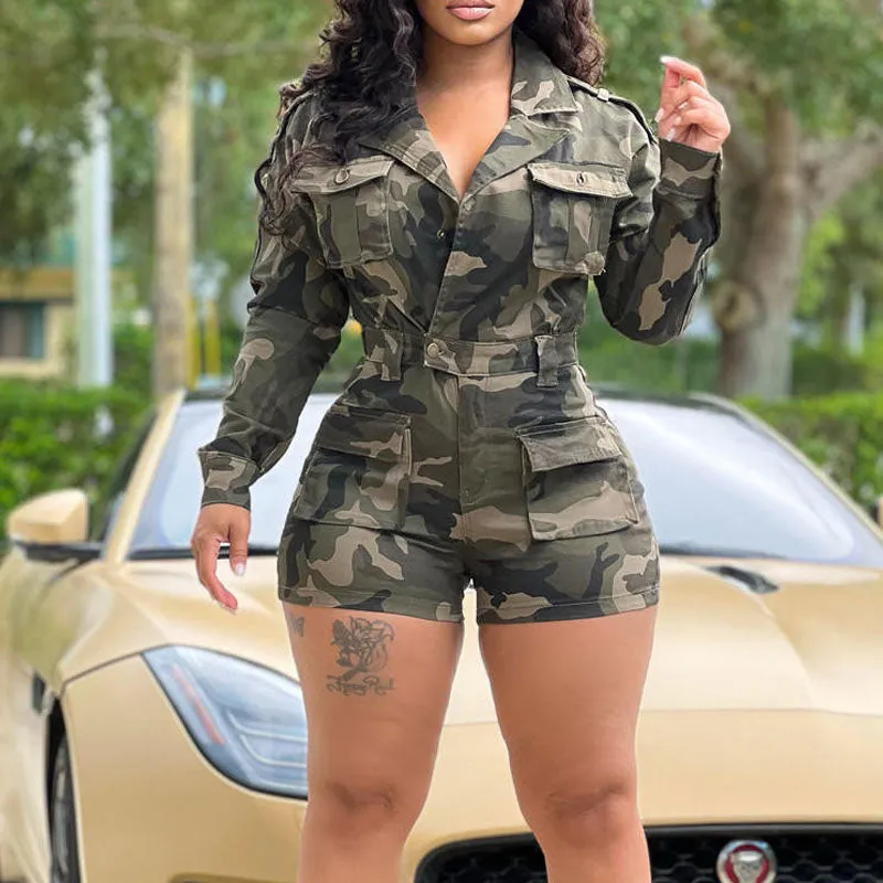 Camouflage Pattern Turndown Neck Long Sleeve Romper