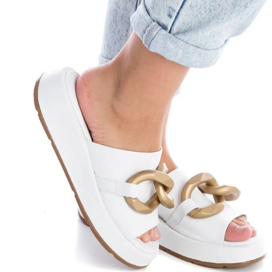 Carmela White Leather Slip On Flat Mules