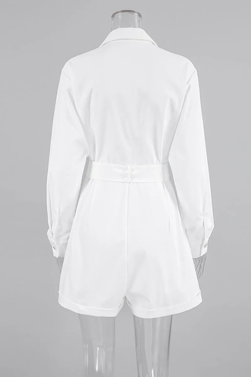 Casual Daily Pocket Buttons With Belt Turndown Collar Loose Rompers