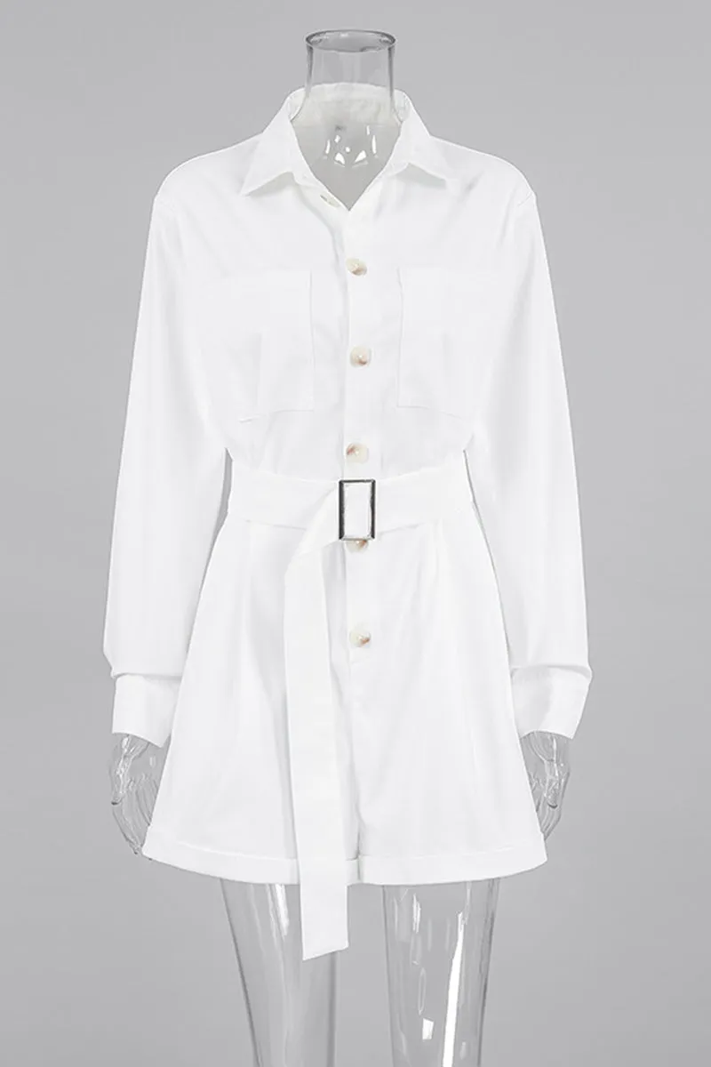 Casual Daily Pocket Buttons With Belt Turndown Collar Loose Rompers