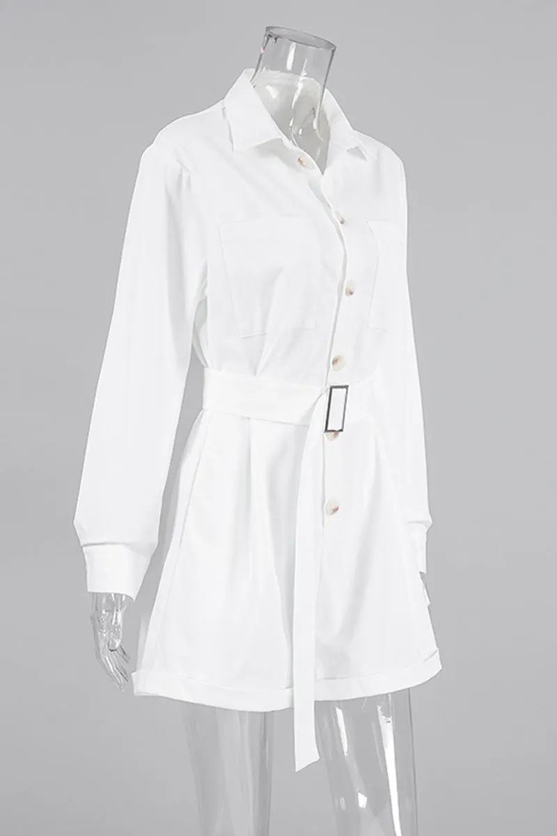 Casual Daily Pocket Buttons With Belt Turndown Collar Loose Rompers