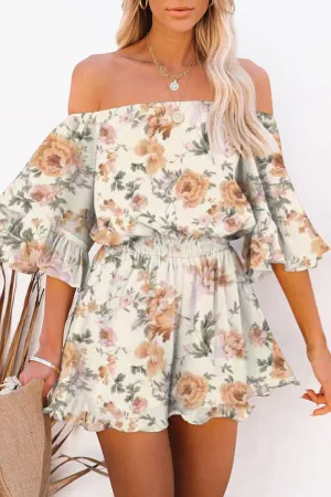 Casual Simplicity Print Patchwork Off the Shoulder Loose Rompers