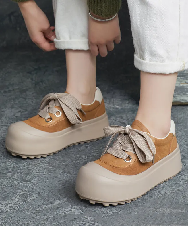 Casual Splicing Platform Flat Shoes Brown Cowhide Leather Lace Up YC019