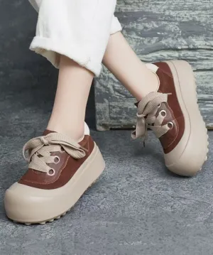 Casual Splicing Platform Flat Shoes Brown Cowhide Leather Lace Up YC019