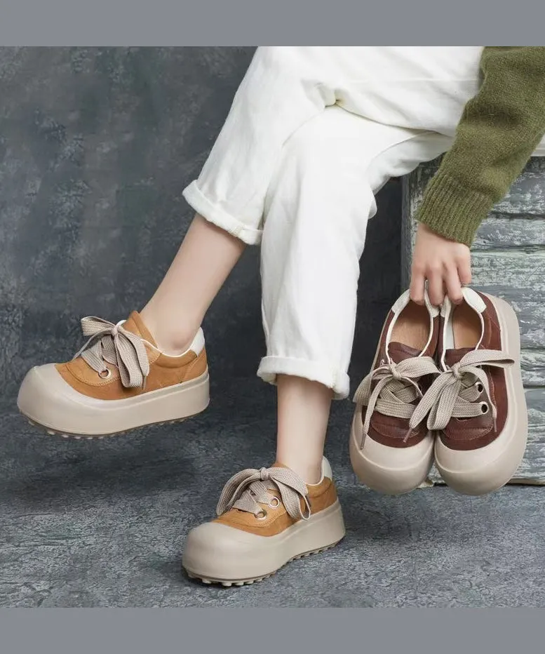 Casual Splicing Platform Flat Shoes Brown Cowhide Leather Lace Up YC019