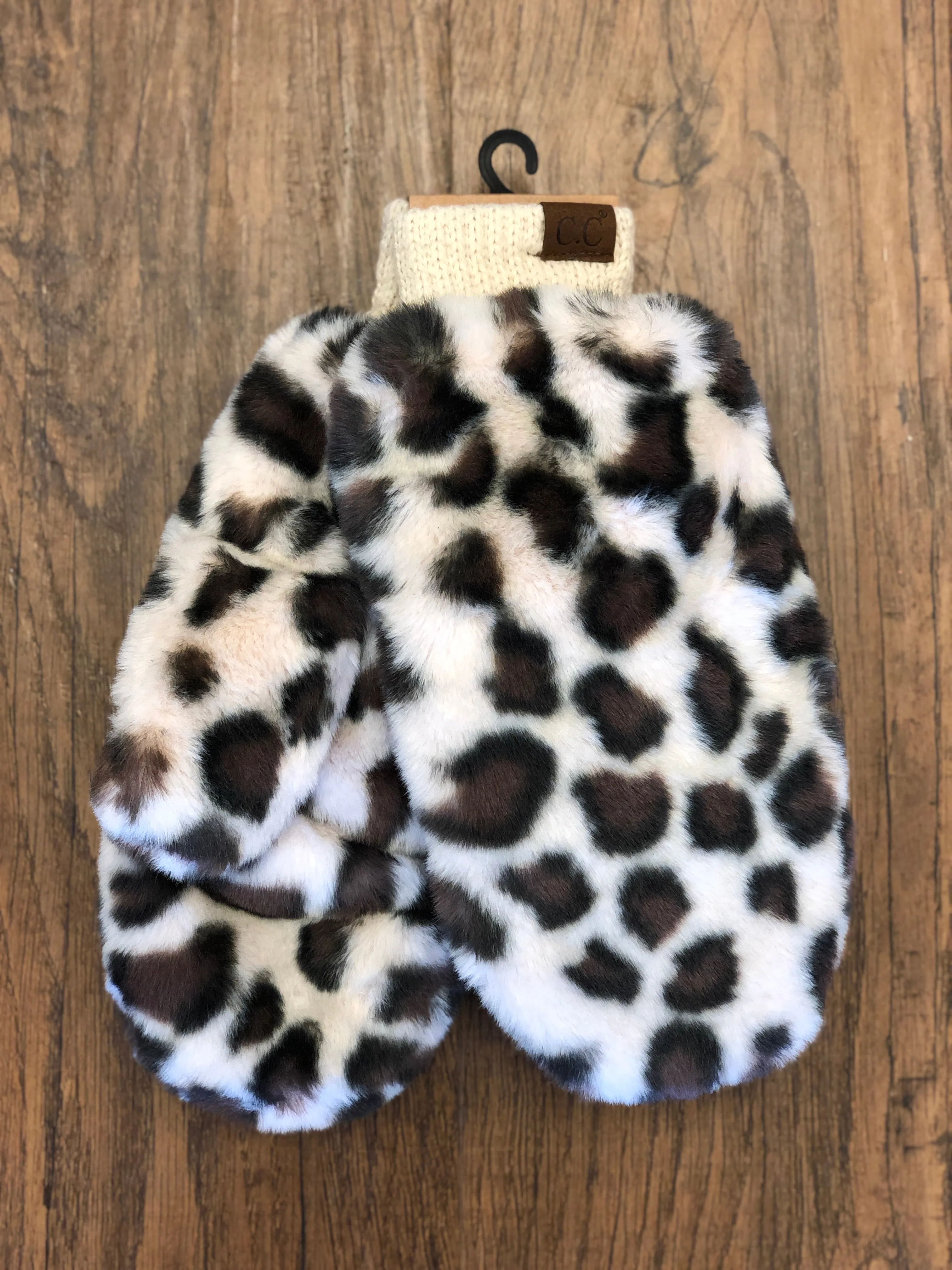 C.C. Leopard Print Faux Fur Mittens