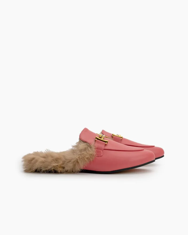 Chain Closed Toe Fur Backless Slip on Slides Mules