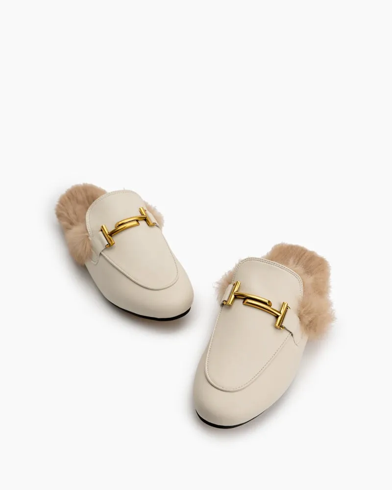 Chain Closed Toe Fur Backless Slip on Slides Mules