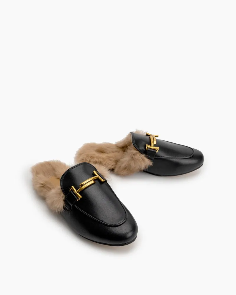 Chain Closed Toe Fur Backless Slip on Slides Mules
