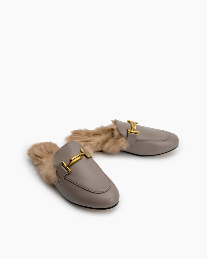 Chain Closed Toe Fur Backless Slip on Slides Mules