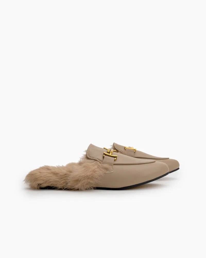 Chain Closed Toe Fur Backless Slip on Slides Mules