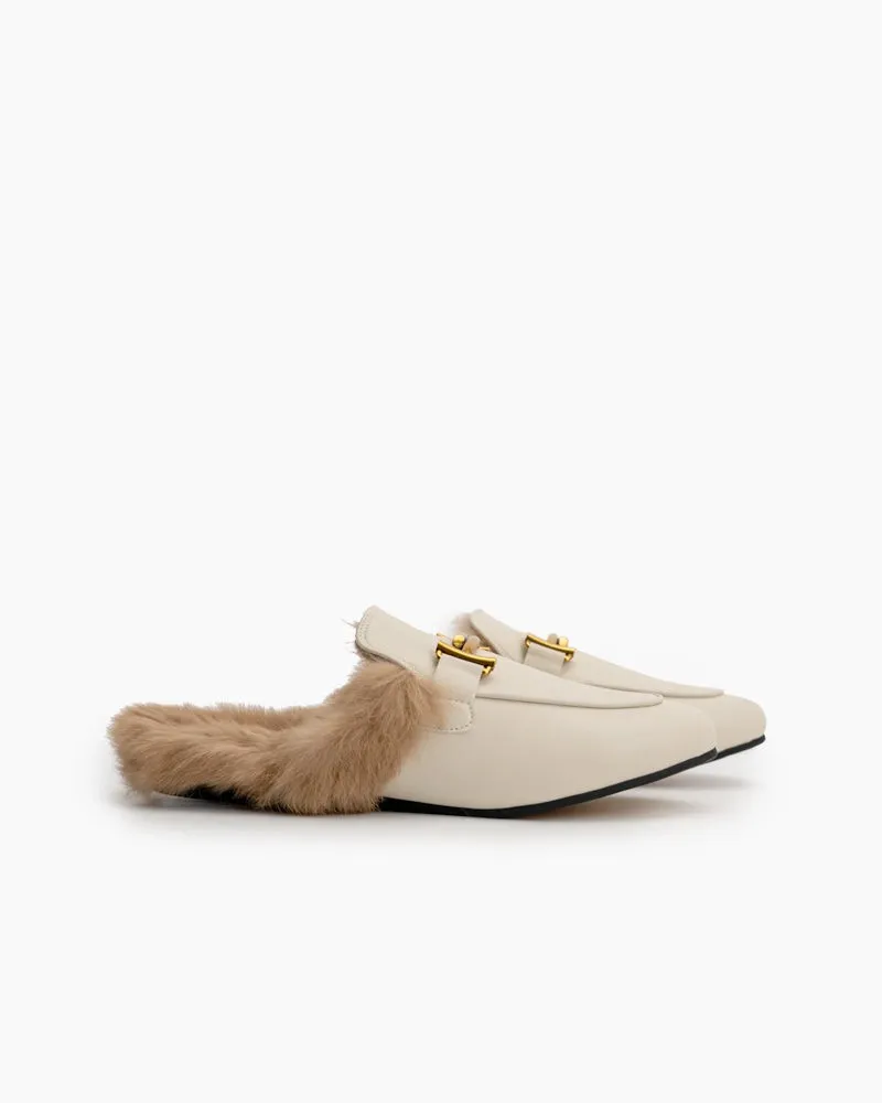 Chain Closed Toe Fur Backless Slip on Slides Mules