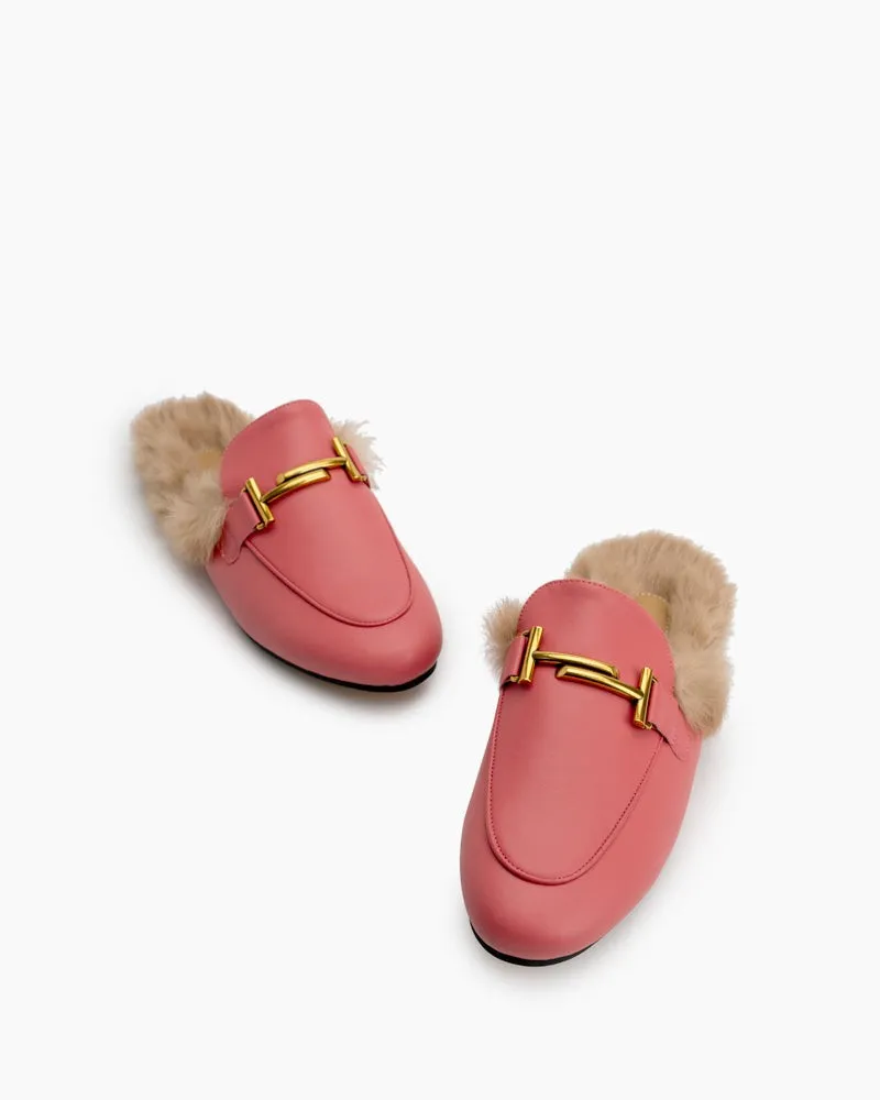 Chain Closed Toe Fur Backless Slip on Slides Mules