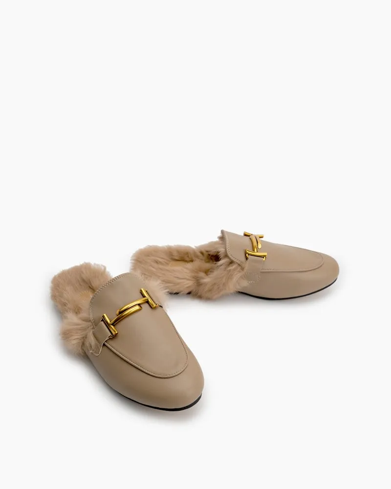 Chain Closed Toe Fur Backless Slip on Slides Mules