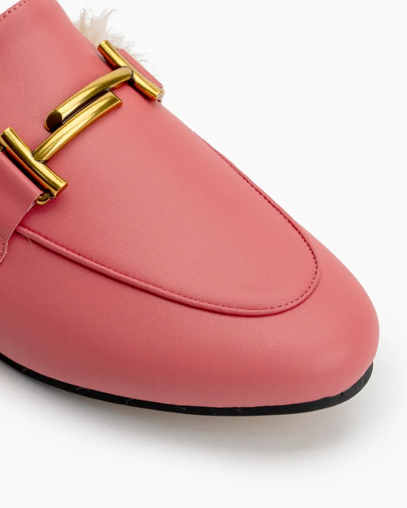 Chain Closed Toe Fur Backless Slip on Slides Mules
