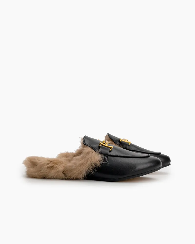 Chain Closed Toe Fur Backless Slip on Slides Mules