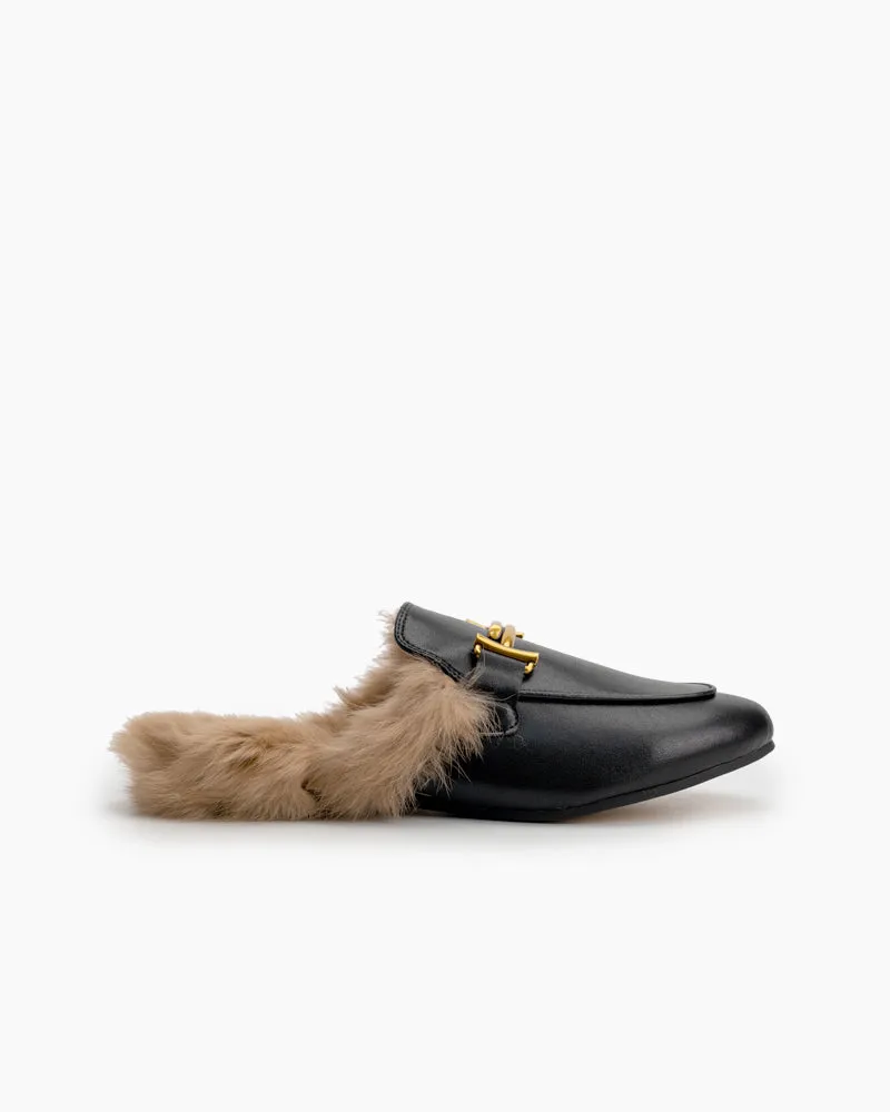 Chain Closed Toe Fur Backless Slip on Slides Mules
