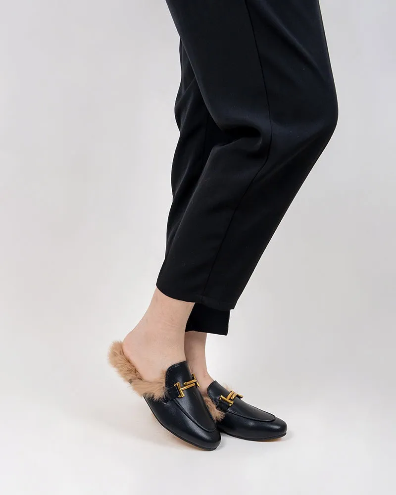 Chain Closed Toe Fur Backless Slip on Slides Mules