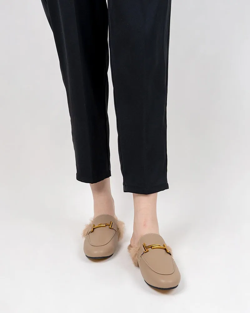 Chain Closed Toe Fur Backless Slip on Slides Mules