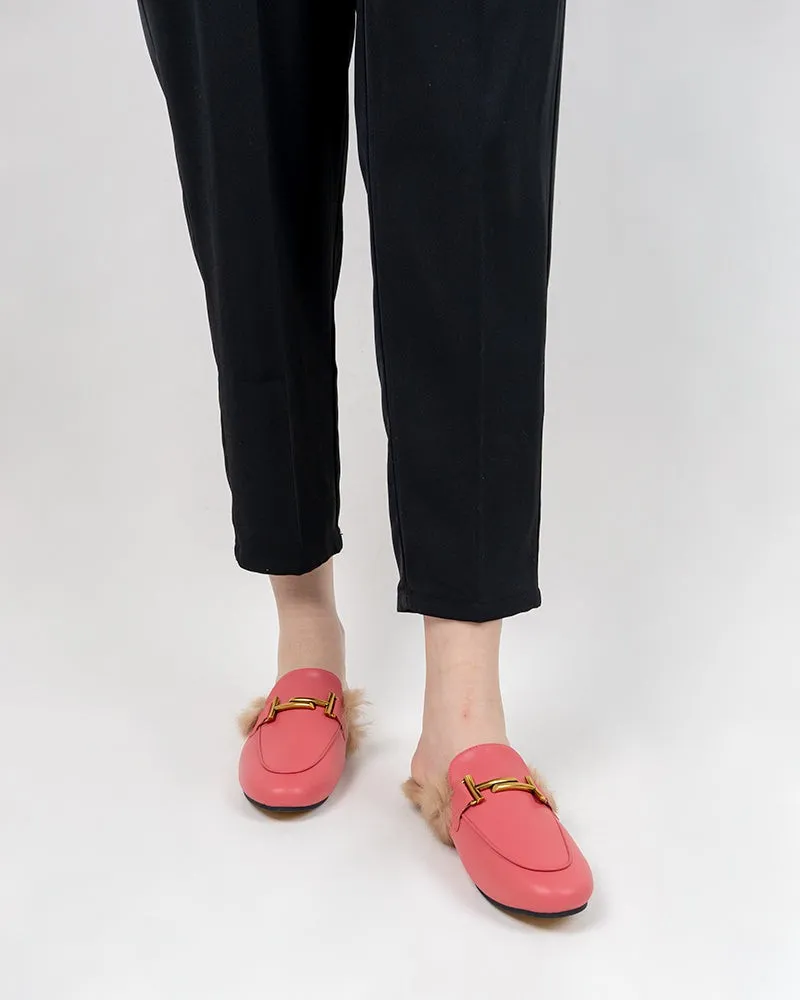 Chain Closed Toe Fur Backless Slip on Slides Mules