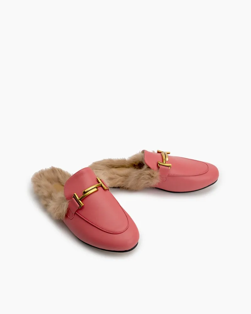 Chain Closed Toe Fur Backless Slip on Slides Mules