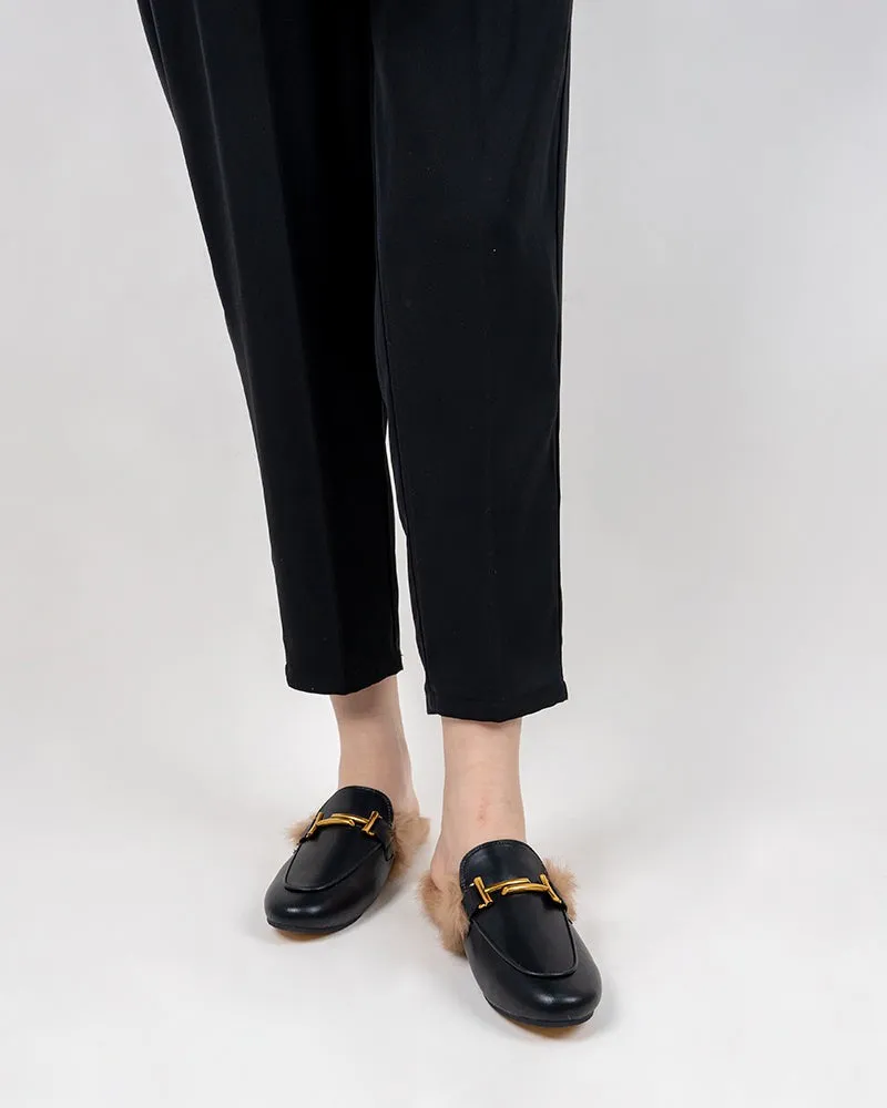 Chain Closed Toe Fur Backless Slip on Slides Mules