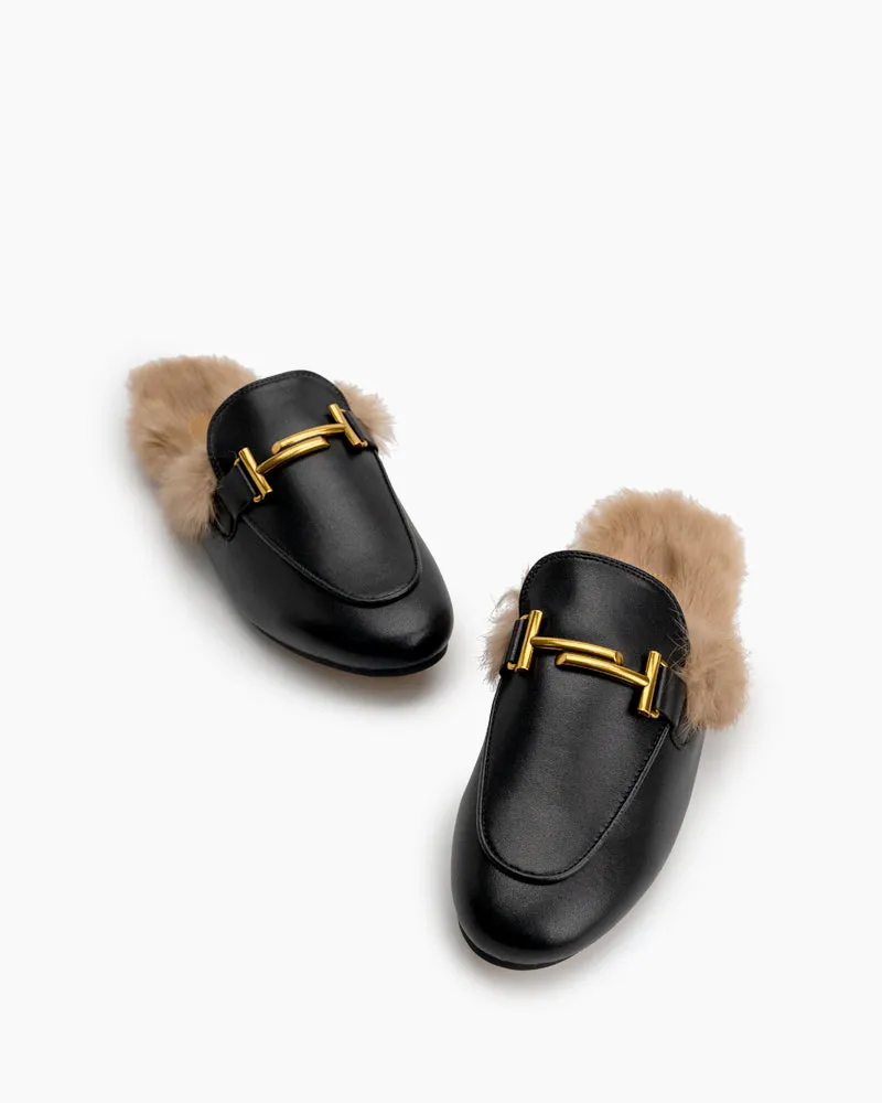 Chain Closed Toe Fur Backless Slip on Slides Mules